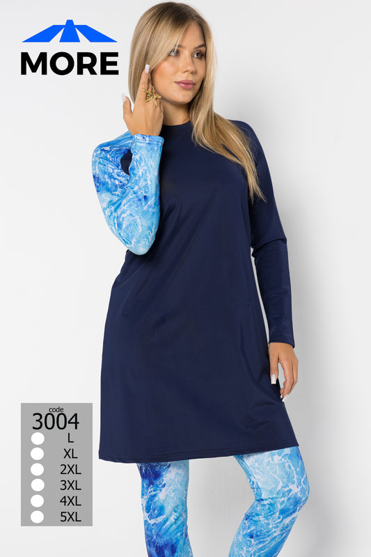 بوركيني حريمي "MORE" كحلي ببنطلون منقوش - مقاسات خاصة - كود 3004 (L إلى 5XL)