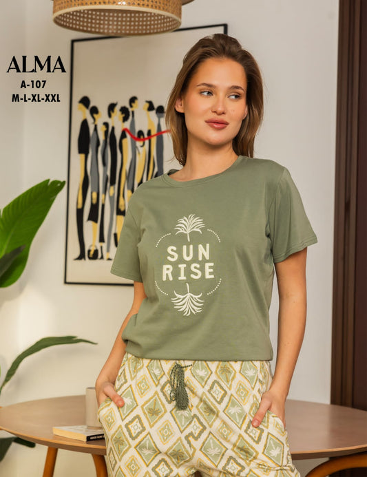 تفاصيل بيجامة ALMA القطنية الصيفية للسيدات لون زيتوني.