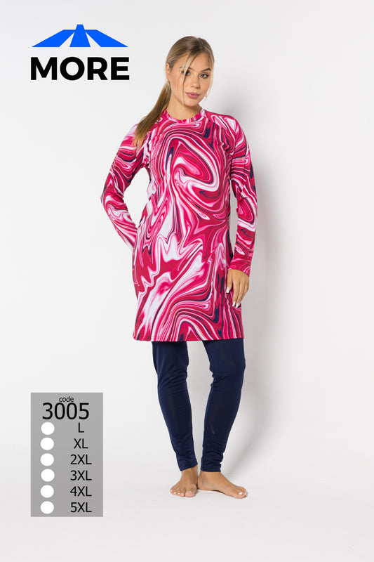 Woman wearing a pink and white marbled dress with navy leggings on a white background, featuring the brand 'MORE'.
