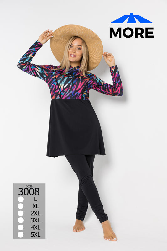 Woman wearing a colorful top and black skirt with a wide-brimmed hat on a white background, featuring the 'MORE' brand.