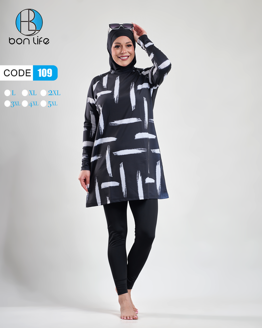 مايوه شرعي Bon Life أبيض وأسود بنقشة خطوط فنية كود 109.