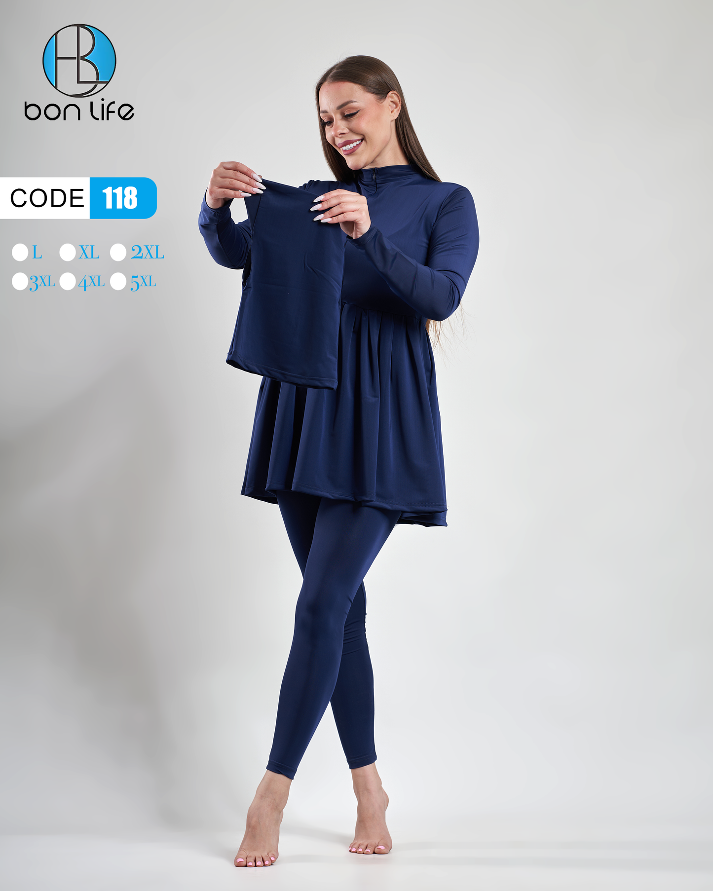 Woman holding a navy blue outfit with 'bon life' branding on a light gray background