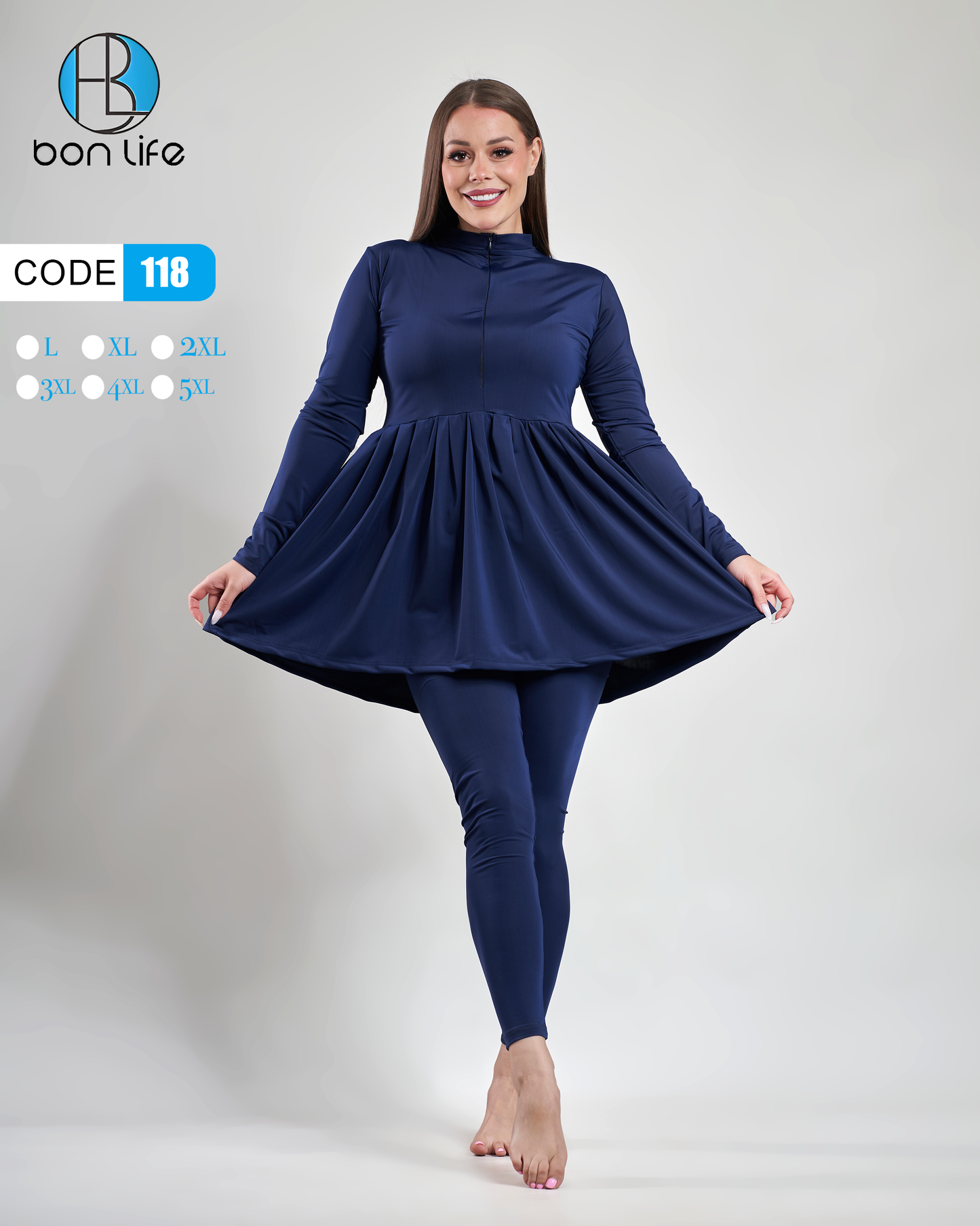 Woman wearing a navy blue dress and leggings with 'bon life' branding on a white background.
