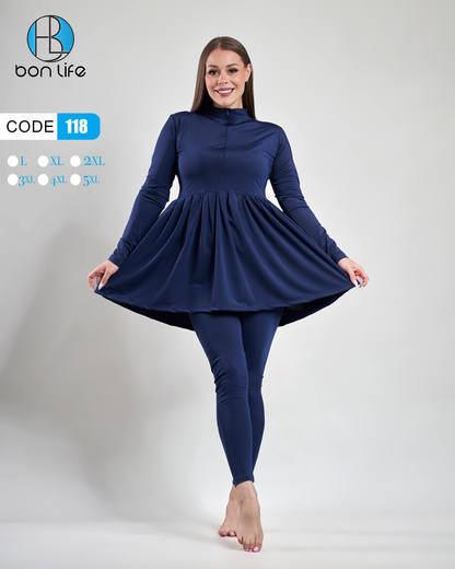 Woman wearing a navy blue dress and leggings with 'bon life' branding on a white background.