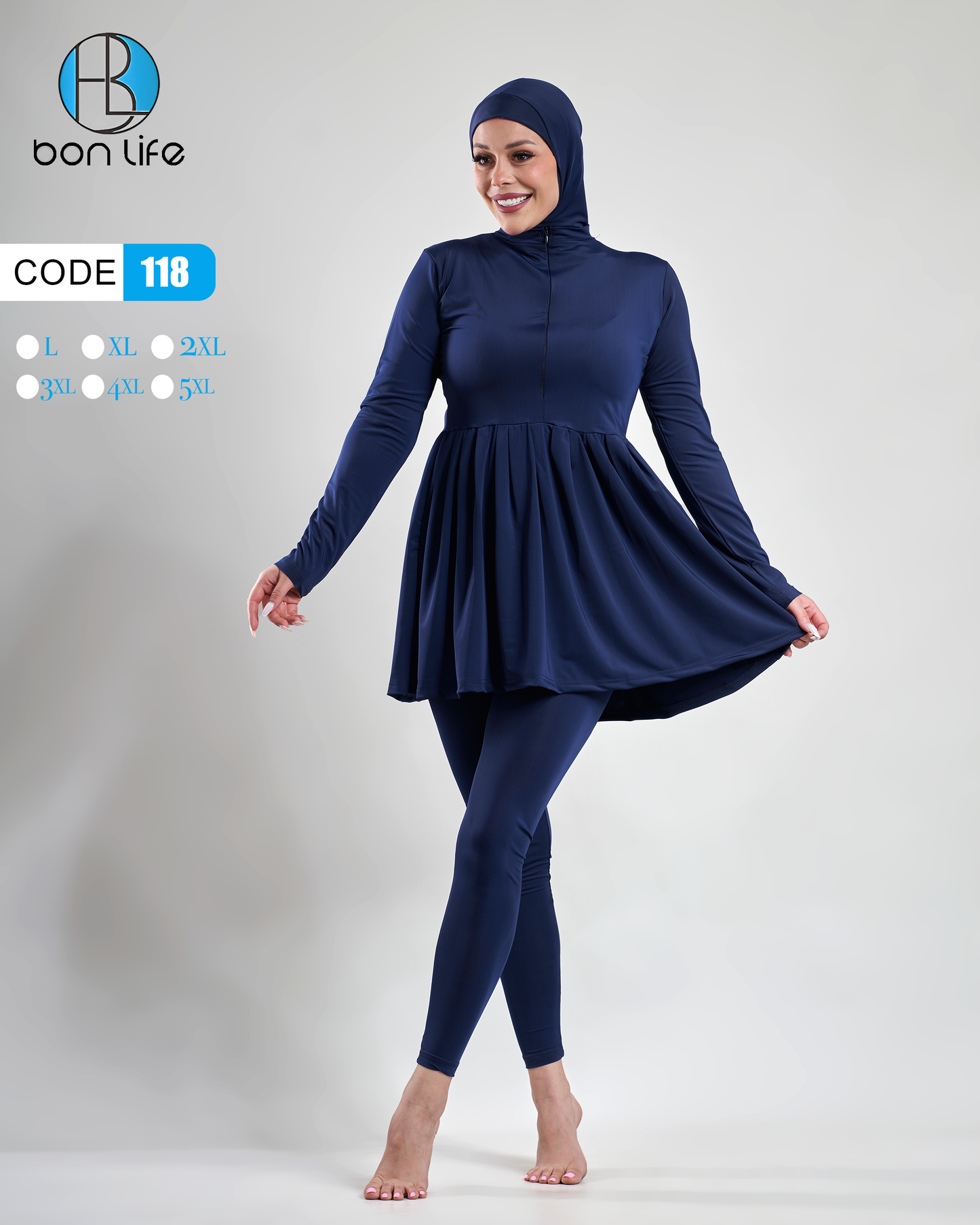 Woman wearing a navy blue outfit with a hijab on a white background, featuring the brand 'bon life'.