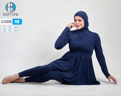 Woman wearing a navy blue outfit with hijab on a white background, featuring 'bon life' branding.