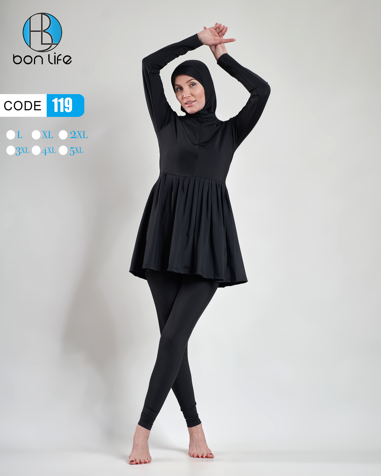 مايوه شرعي Bon Life أسود بتصميم فستان واسع كود 118.