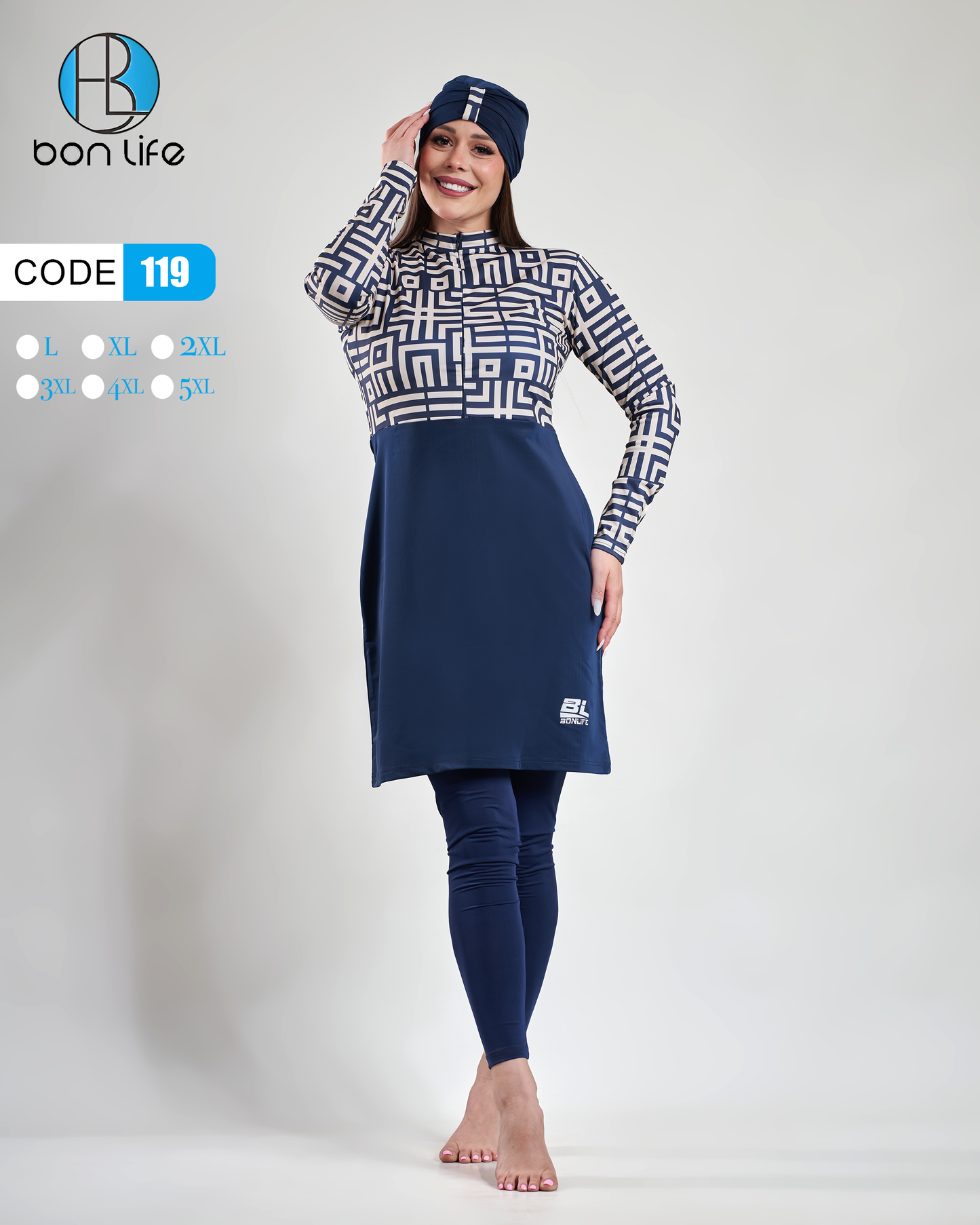 Woman wearing a navy and white patterned outfit with a matching cap on a white background, featuring the brand 'bon life'.