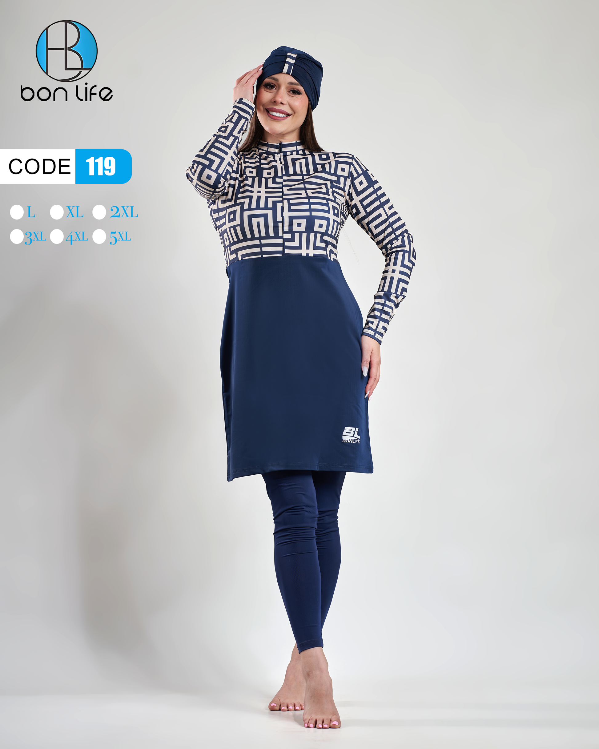 Woman wearing a navy and white patterned outfit with a matching cap on a white background, featuring the brand 'bon life'.
