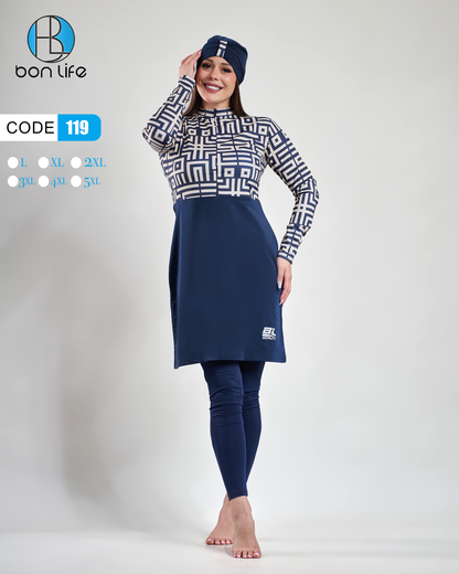 Woman wearing a navy and white patterned outfit with a matching cap on a white background, featuring the brand 'bon life'.