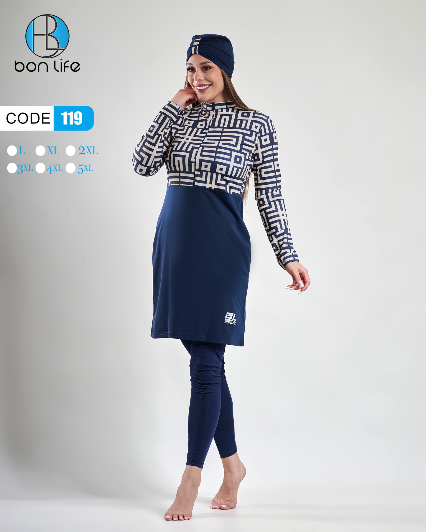 Woman wearing a navy and patterned long-sleeve top with matching leggings on a white background, with 'bon life' branding.