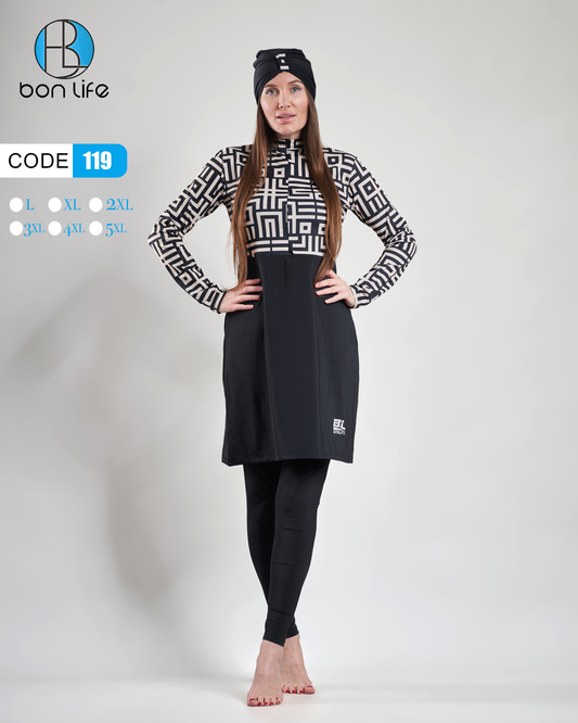 مايوه شرعي أسود Bon Life نقشة هندسية موديل 119.