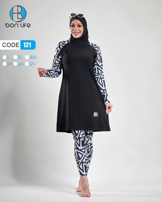 مايوه شرعي Bon Life أسود بنقشة زيجزاج أبيض وأسود كود 121