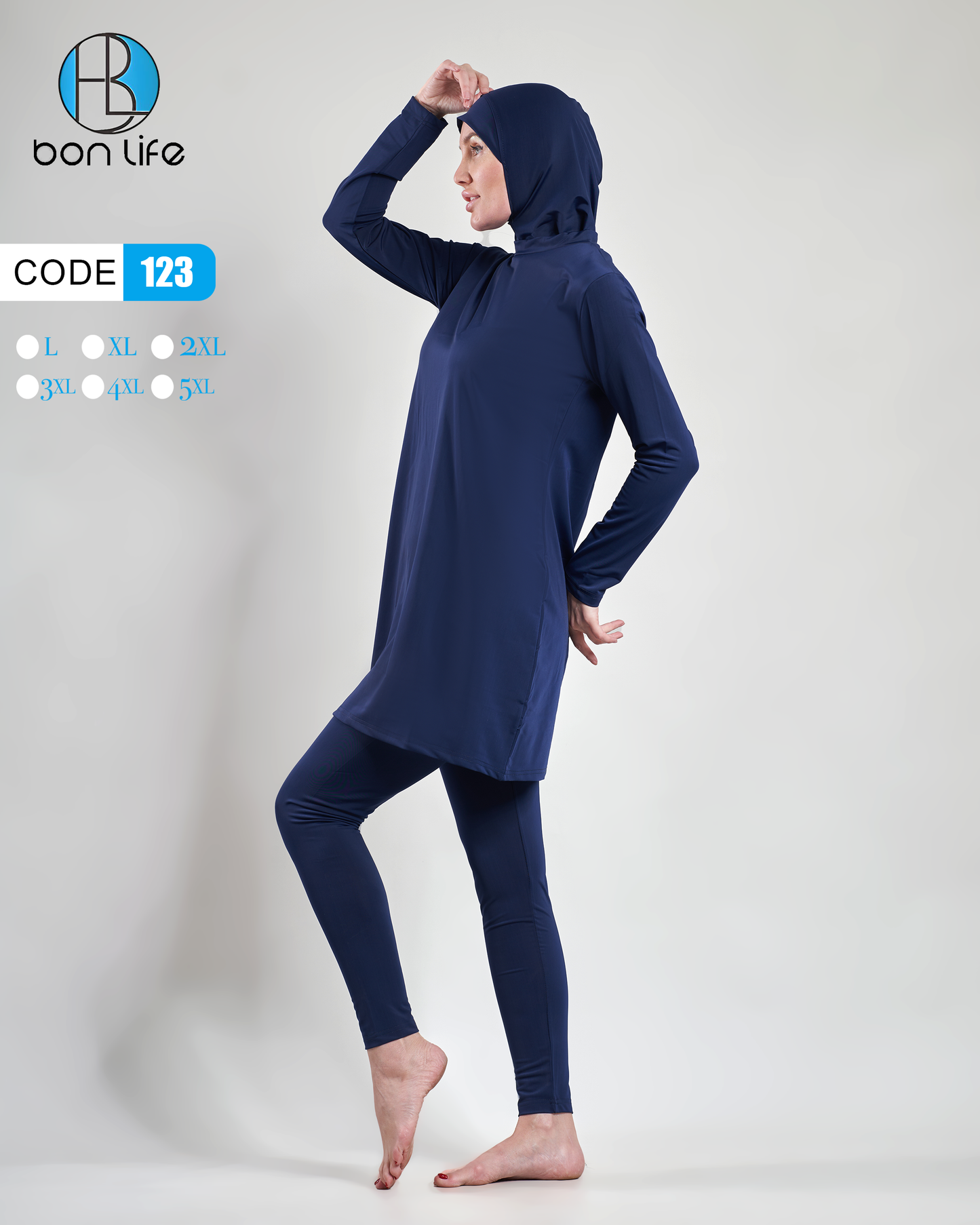 عرض كامل للتصميم الجانبي لبوركيني Bon Life 123، يوضح طول التوب السادة والحجاب التربون.
