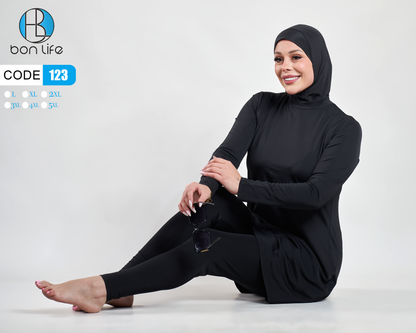 مايوه شرعي (بوركيني) 3 قطع أسود سادة ملكي - كود 123