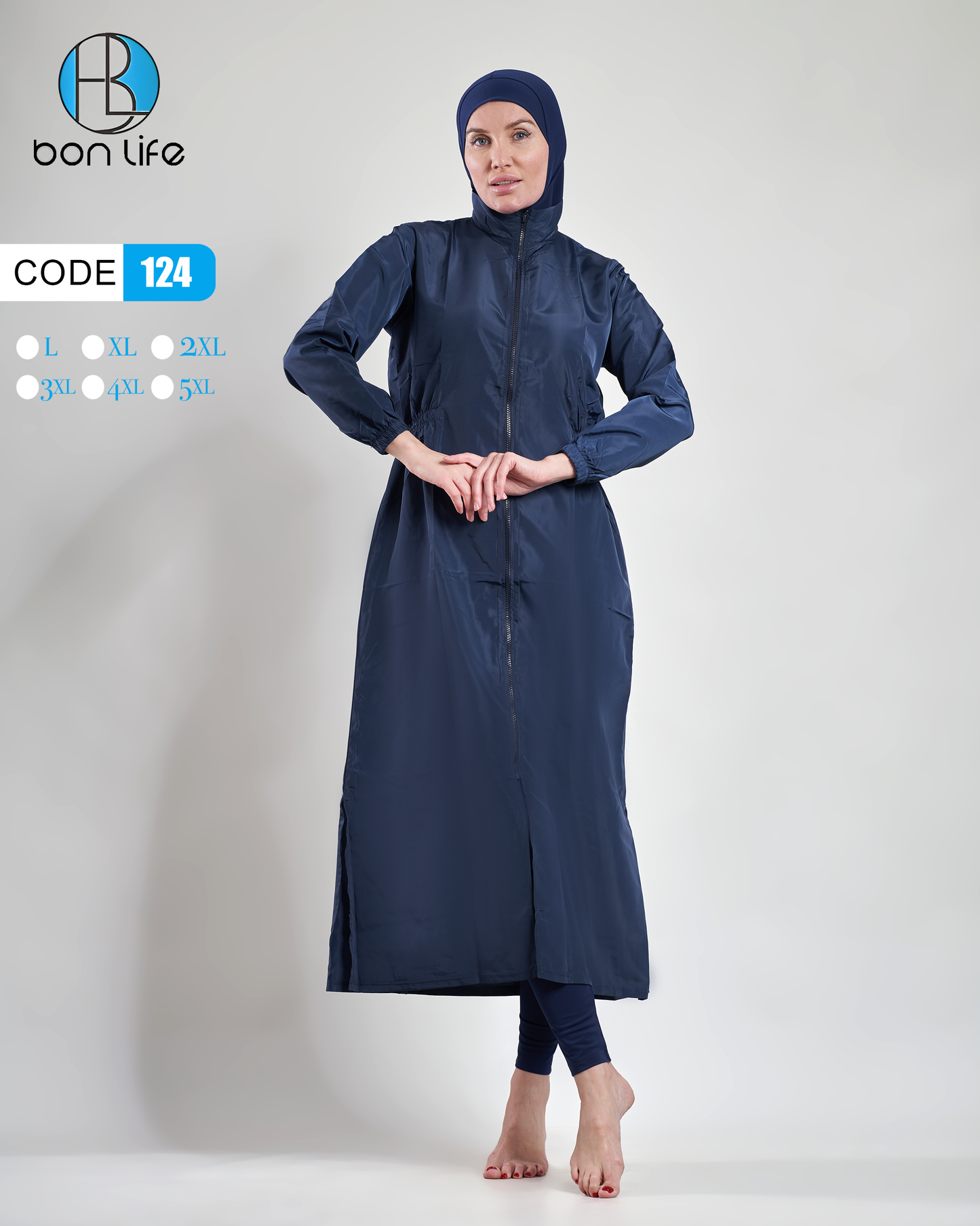 لقطة كاملة للموديل ترتدي مايوه شرعي Bon Life كحلي تصميم فستان طويل بسحاب أمامي كود 124.
