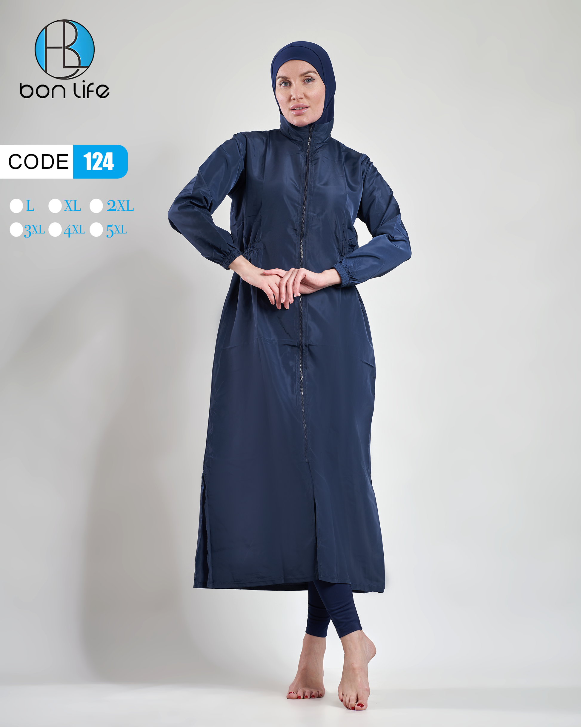 لقطة كاملة للموديل ترتدي مايوه شرعي Bon Life كحلي تصميم فستان طويل بسحاب أمامي كود 124.
