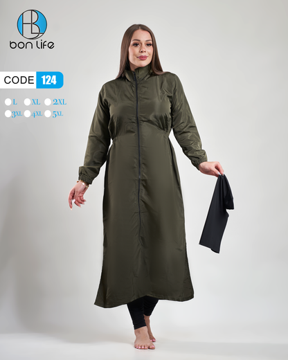 Woman wearing an olive green dress with a hood on a white background, featuring the brand 'bon life'.