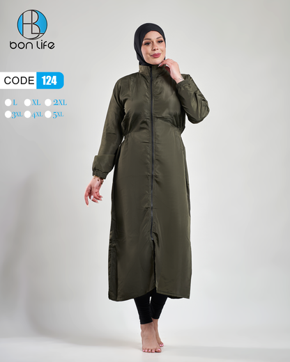 بوركيني حريمي وتربروف ماركة Bon Life كود 124 باللون الزيتي، توب طويل بسحاب أمامي ومقاسات كبيرة حتى 5XL.