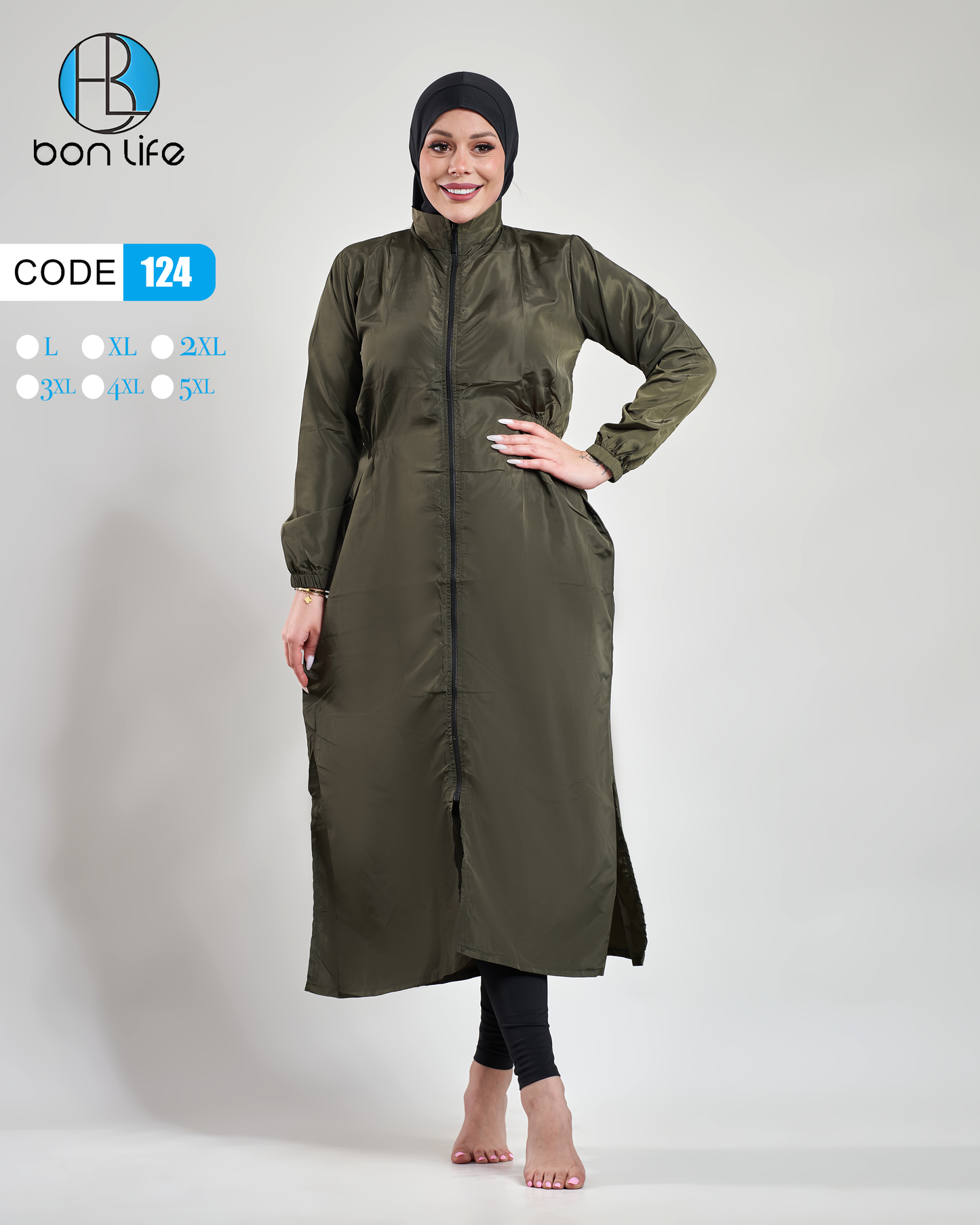 تفاصيل السحاب الأمامي الكامل والأساور المرنة في بوركيني Bon Life كود 124 لسهولة اللبس والراحة.