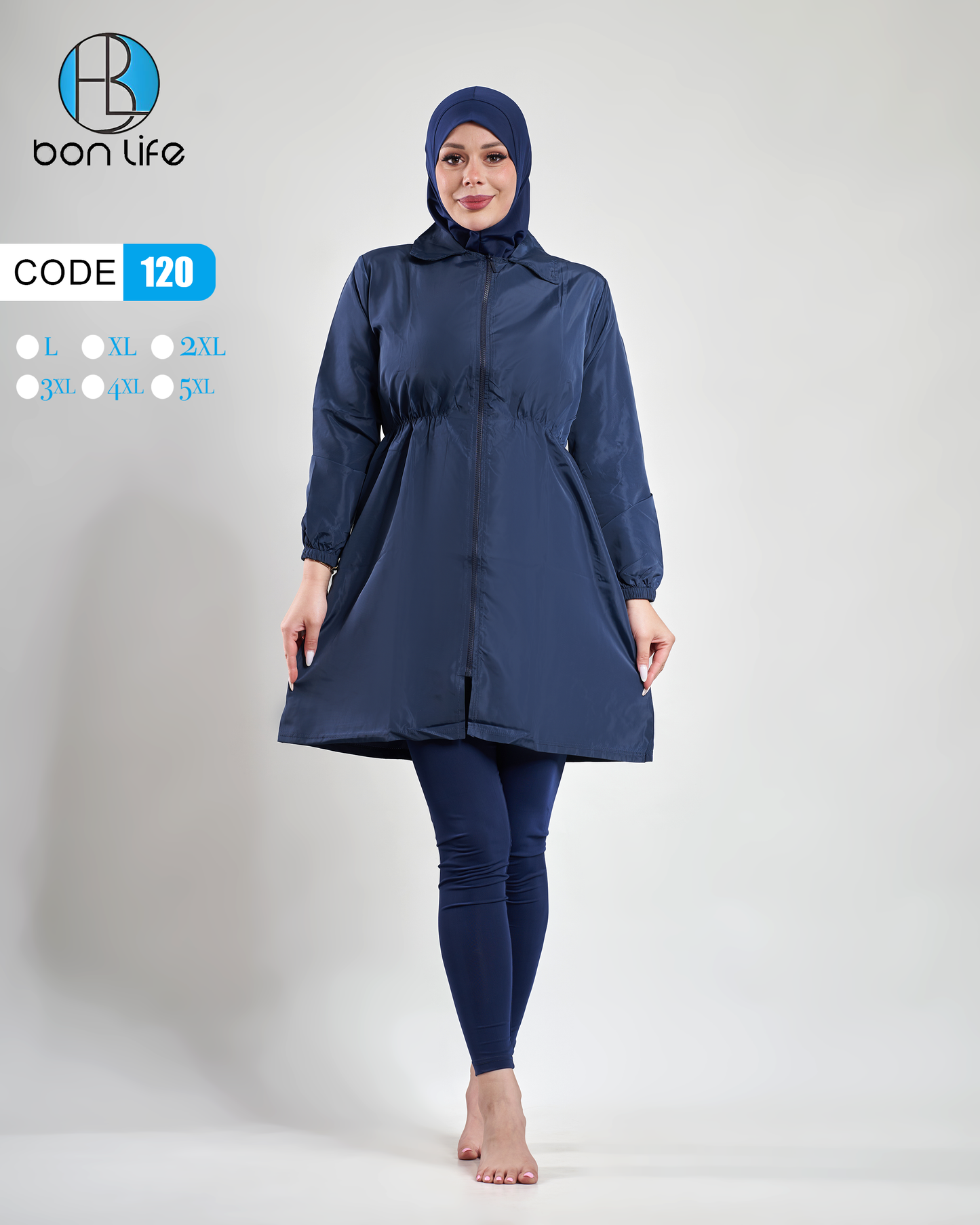 لقطة كاملة للموديل ترتدي مايوه شرعي Bon Life كود 120 بتصميم سترة كحلي بسحاب وخصر محدد.