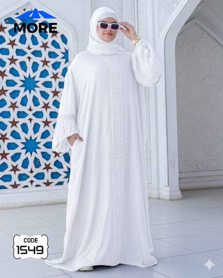 إسدال صلاة MORE أبيض كود 1549، فسكوز قطن 100% معالج ضد الانكماش، يظهر الجالون الرأسي الفاخر والأكمام الواسعة.