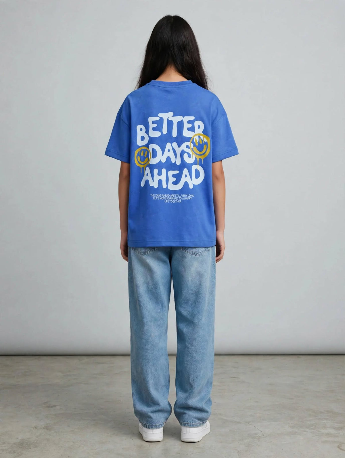 تيشيرت أطفال أوفر سايز أزرق Better Days Ahead من الخلف – 100% قطن