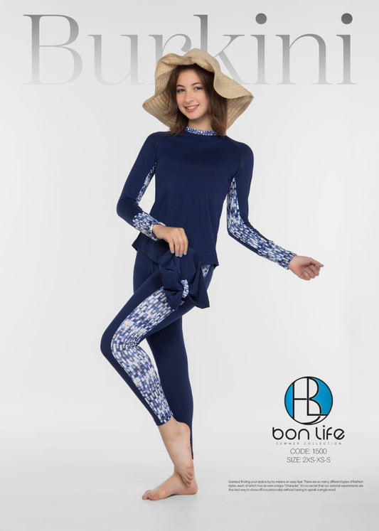 Bon Life Navy Blue Burkini Code 1500 with geometric side patterns - Summer Collection