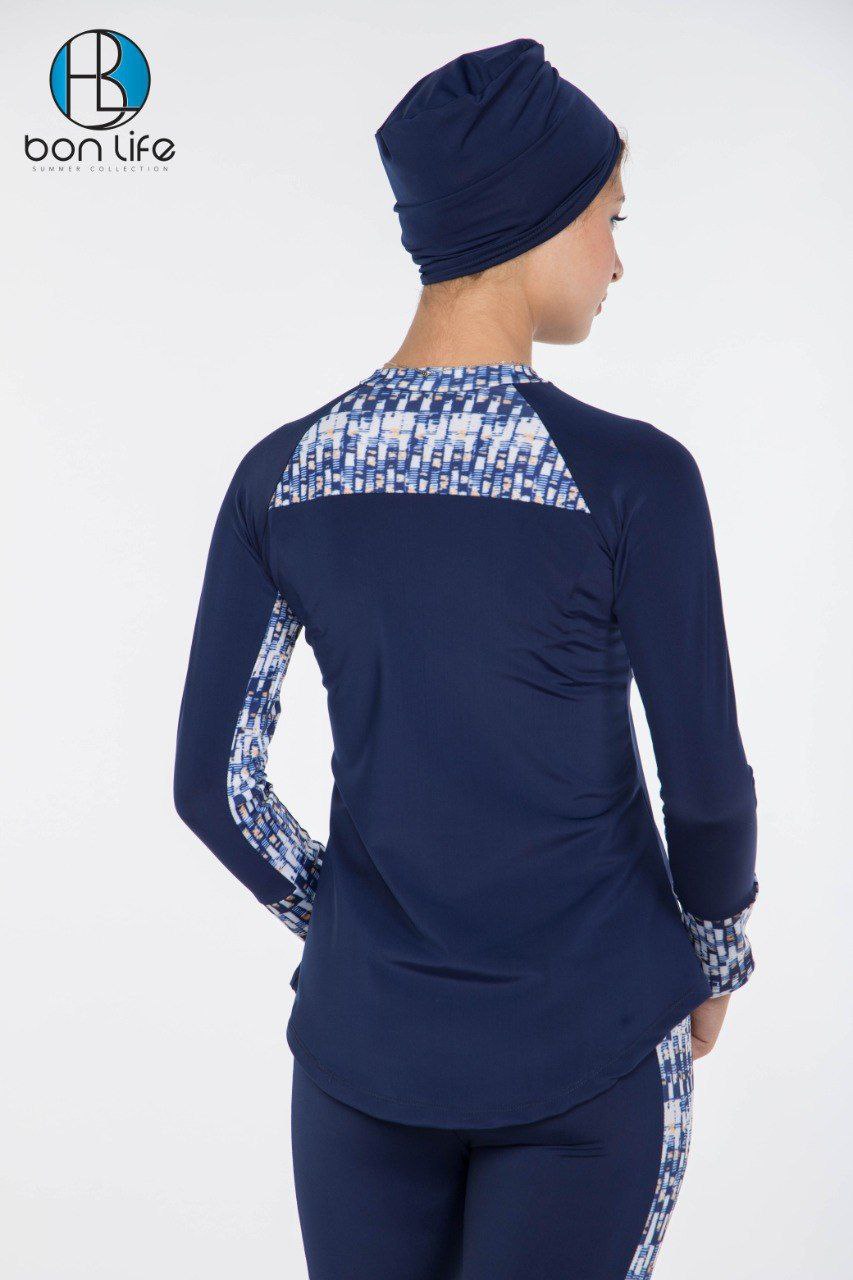 Navy blue athletic outfit with patterned sleeves and matching headscarf on a white background, featuring 'bon life' brand.