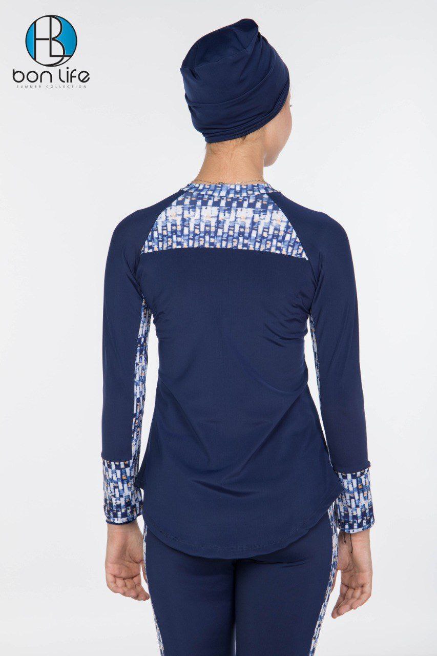 Navy blue athletic outfit with patterned long sleeves and capri pants on a white background, featuring 'bon life' brand.