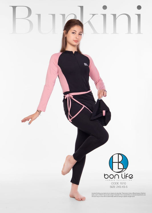 Woman wearing a black and pink Bunkini swimsuit with 'bon life' branding on a white background.