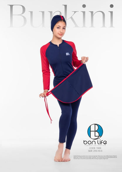 Woman holding a navy and red bunkini with 'bon life' branding on a white background