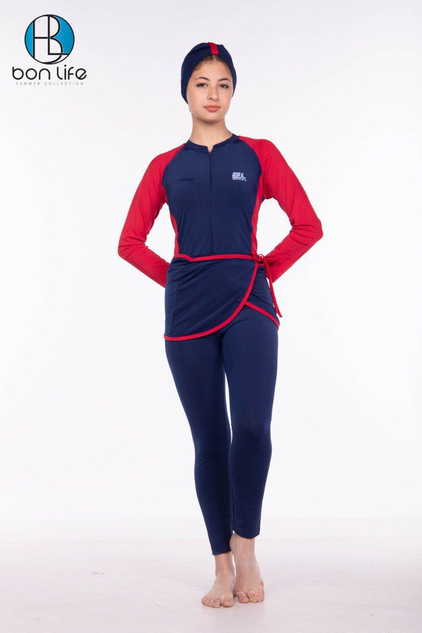 Woman wearing a red and navy swimsuit with a matching headscarf on a white background, featuring the 'bon life' brand.