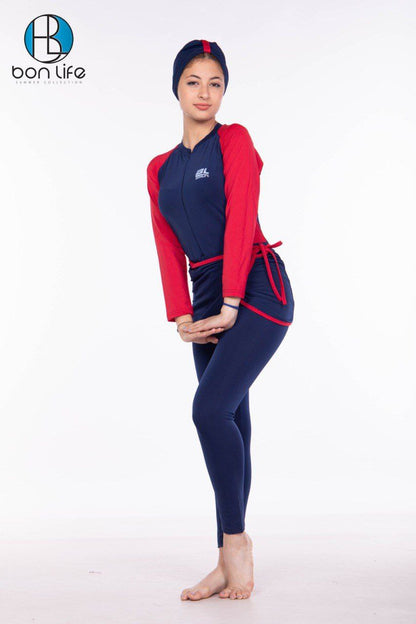 Person wearing a red and blue swimsuit with a white background