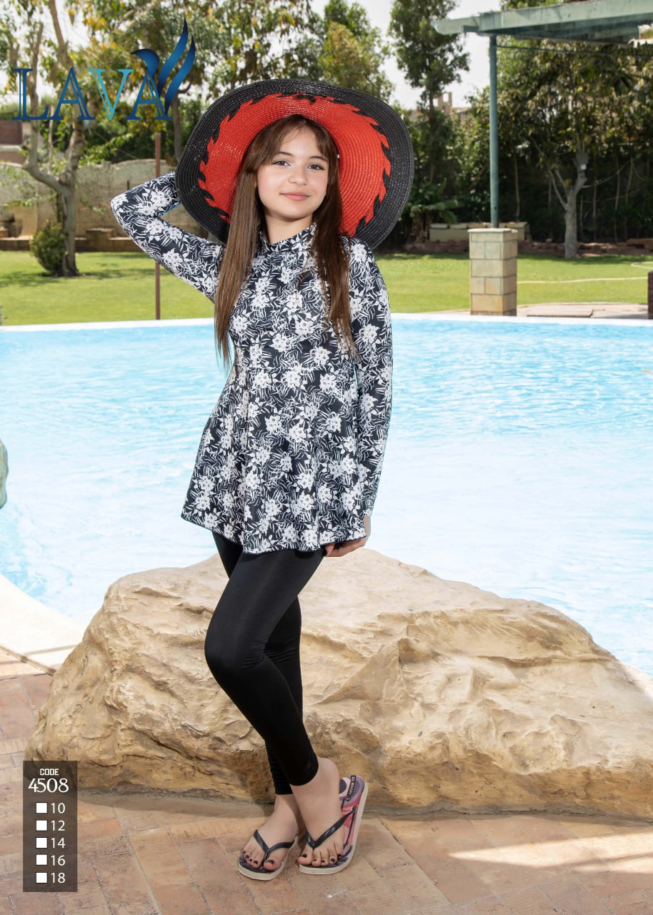 Girls modest swimwear black floral leggings set