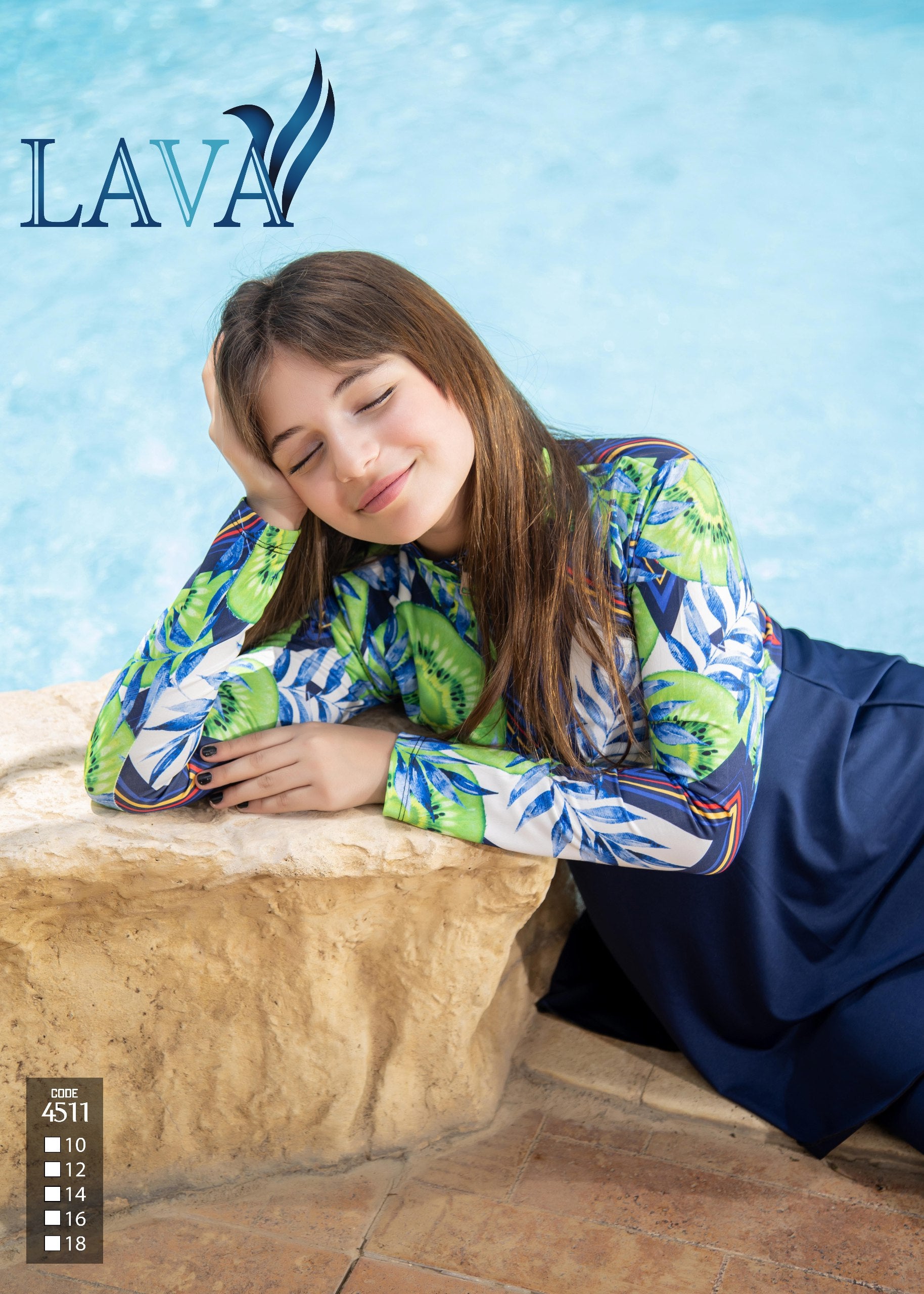 Woman in a colorful floral shirt sitting on a stone bench with a blue sky background, featuring the LAVA brand.