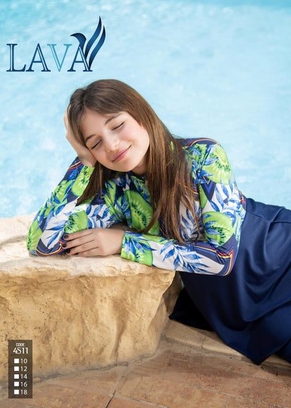 Woman in a colorful floral shirt sitting on a stone bench with a blue sky background, featuring the LAVA brand.