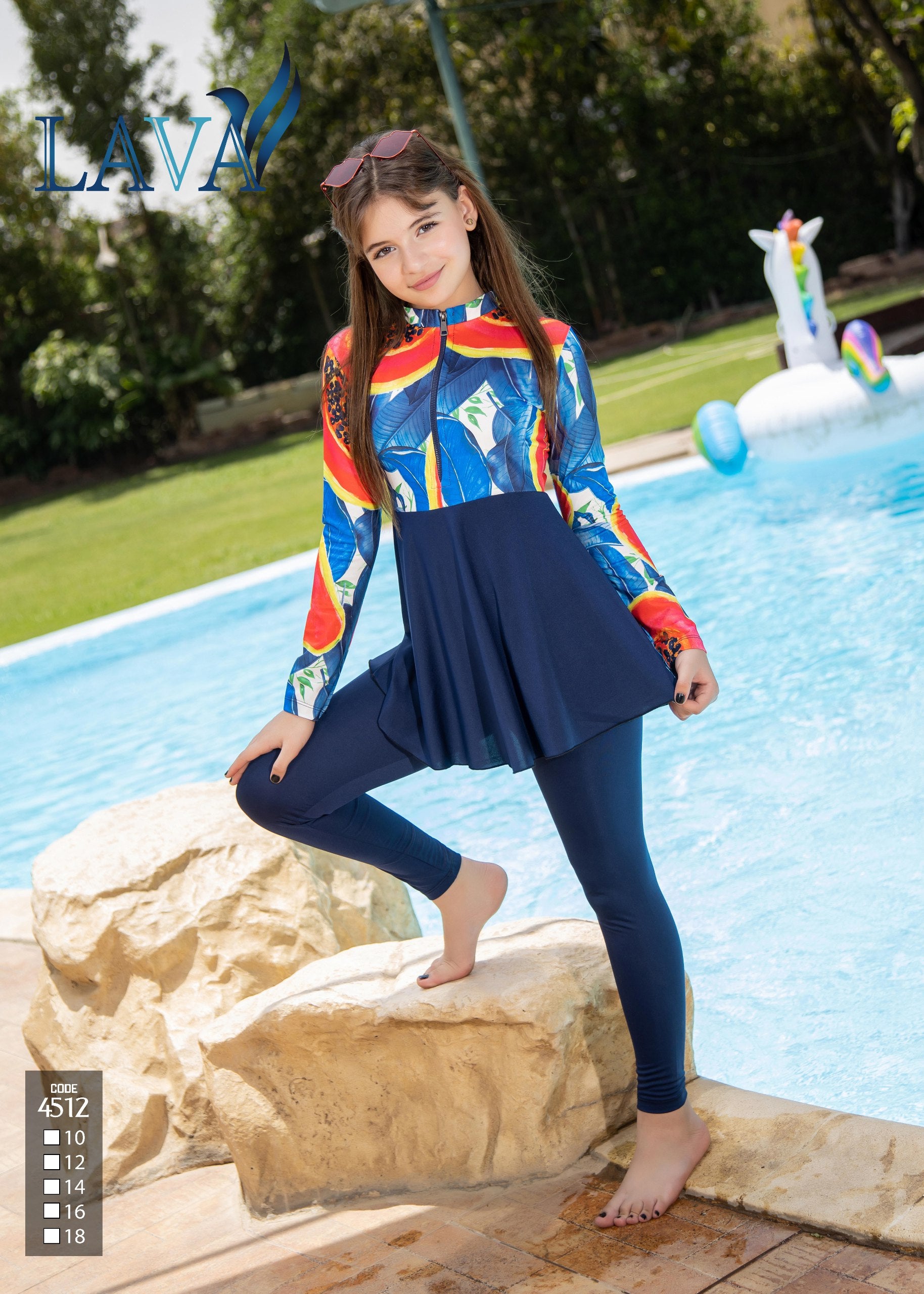 Child in colorful swimsuit standing by a pool with LAVA branding.