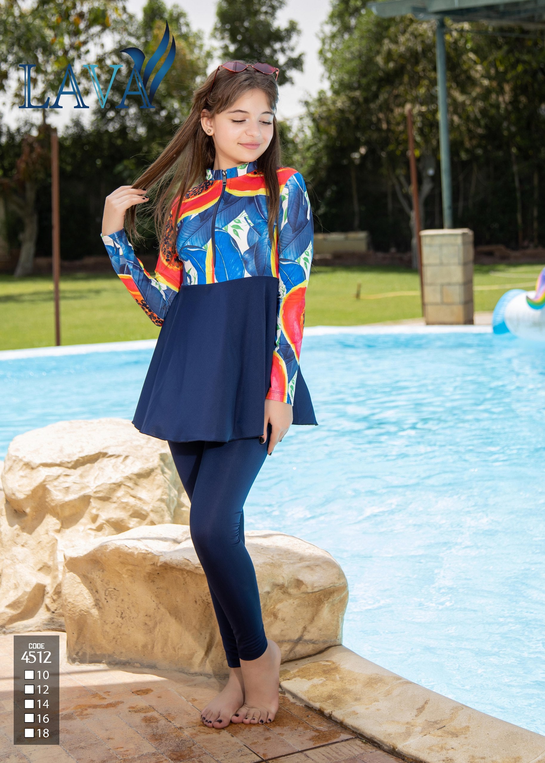 Girl in colorful swim top and navy leggings standing by a pool with Lava branding.