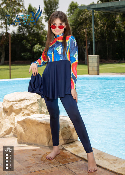 Woman in colorful top and navy leggings by a pool with Lava branding.