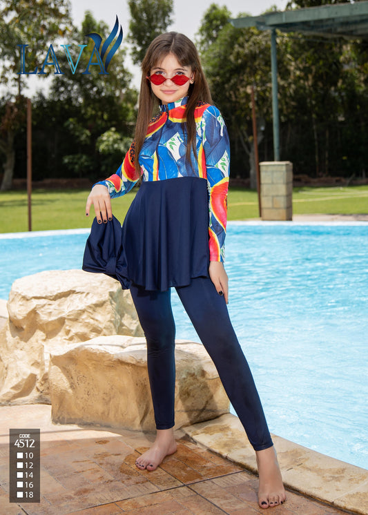 Woman in colorful top and navy leggings by a pool with Lava branding.