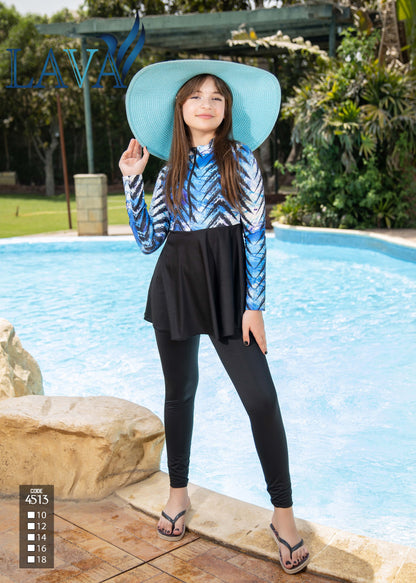 Girl in a blue and black outfit with a wide-brimmed hat by a pool, wearing a 'LAVA' branded swimsuit.