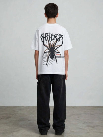 تيشيرت أطفال أوفر سايز أبيض بتصميم Spider من الخلف
